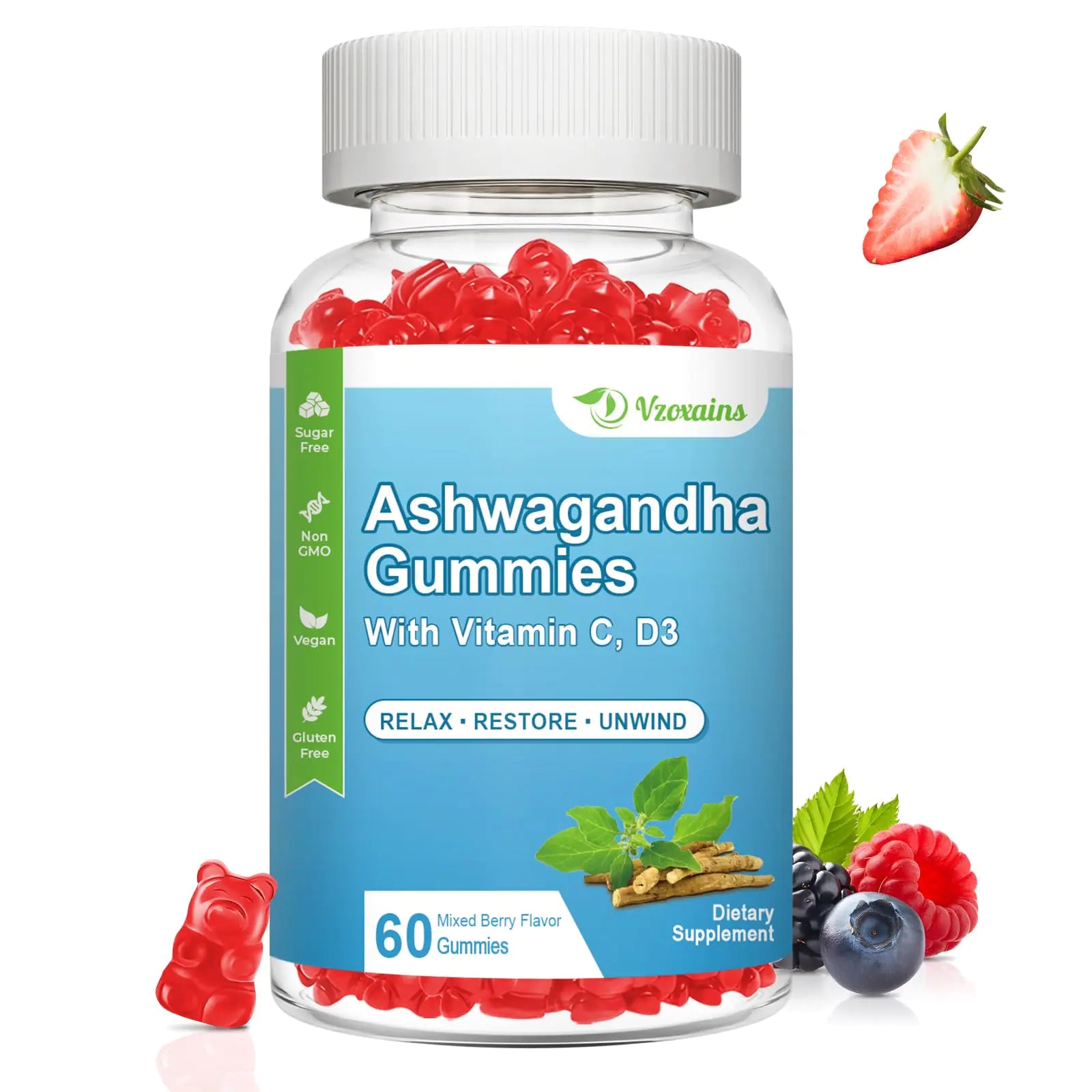 VZOXAINS Ashwagandha + Vitamin D Gummies | Calma, Energía y Defensa – 60 Frutos Rojos