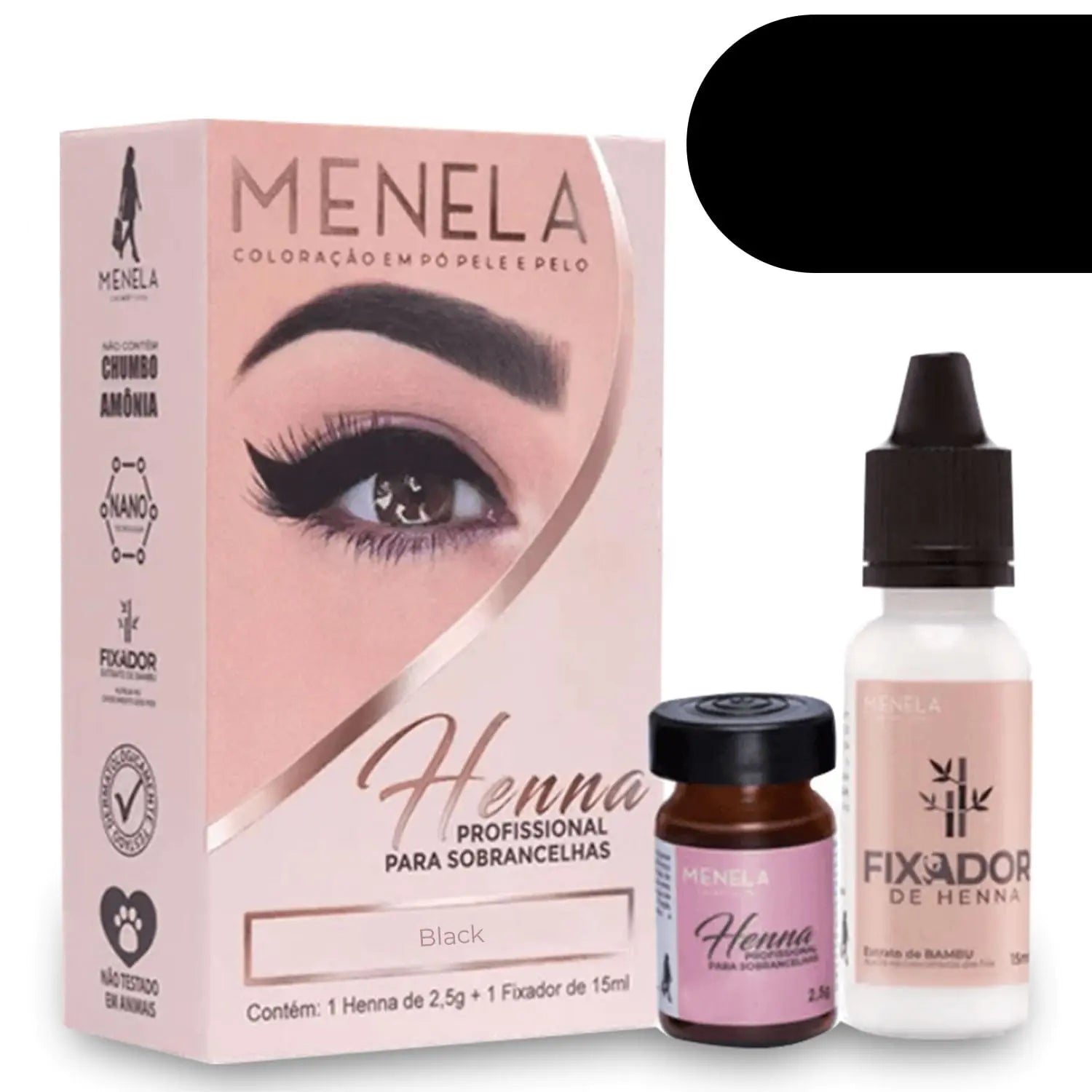 Henna para Cejas Negra – Con Extracto de Bambú | Fórmula Natural y Vegana - Kit de Tinte para Cejas Perfectas, 2.5g de Tinte y 15ml de Fijador